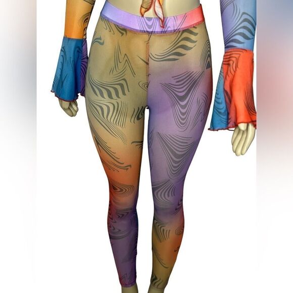 Stylish Long Sleeve Mesh Crop Top & Leggings Pants Set Breathable Trendy - Picture 10 of 16